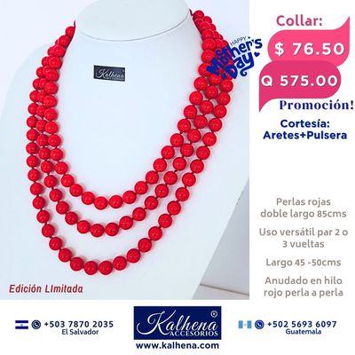 Collar largo anudado perlas rojas para uso a 2 o 3 vueltas