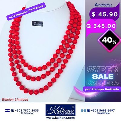 Collar largo anudado perlas rojas para uso a 2 o 3 vueltas