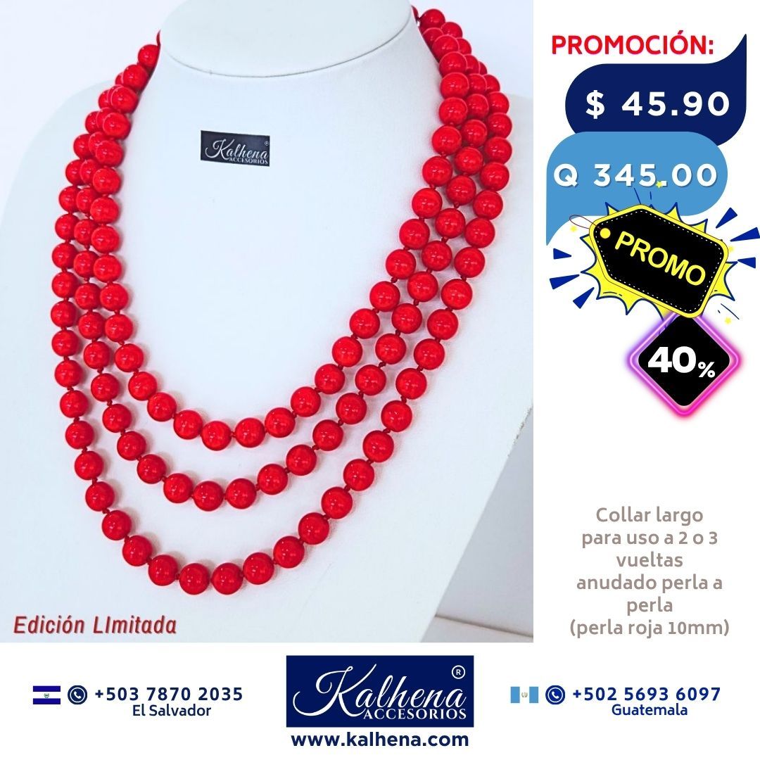 Collar largo anudado perlas rojas para uso a 2 o 3 vueltas