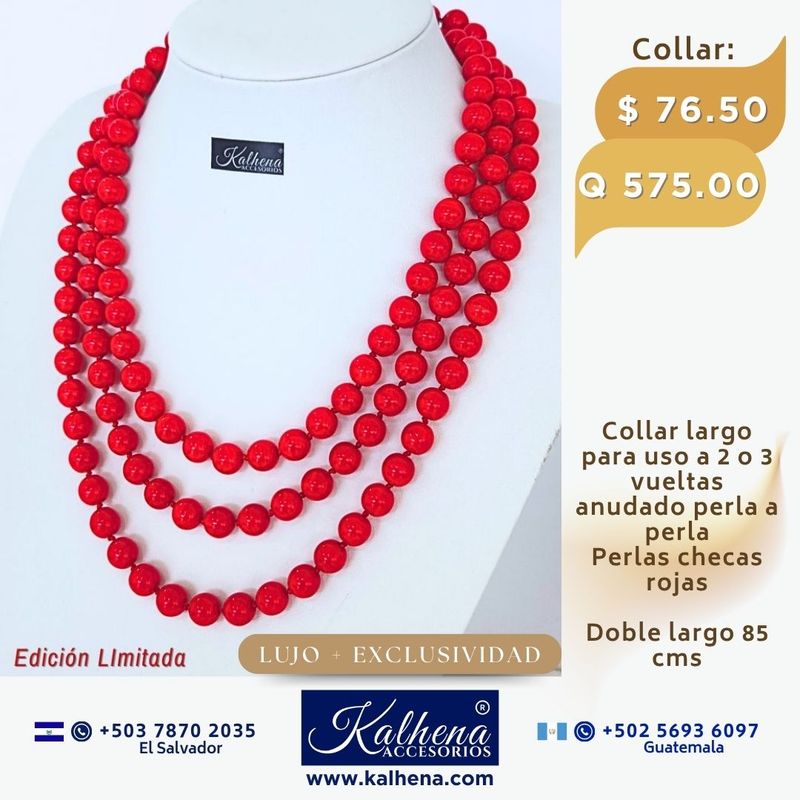Collar largo anudado perlas rojas para uso a 2 o 3 vueltas