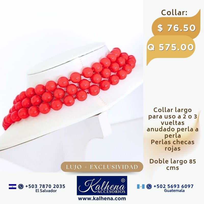 Collar largo anudado perlas rojas para uso a 2 o 3 vueltas