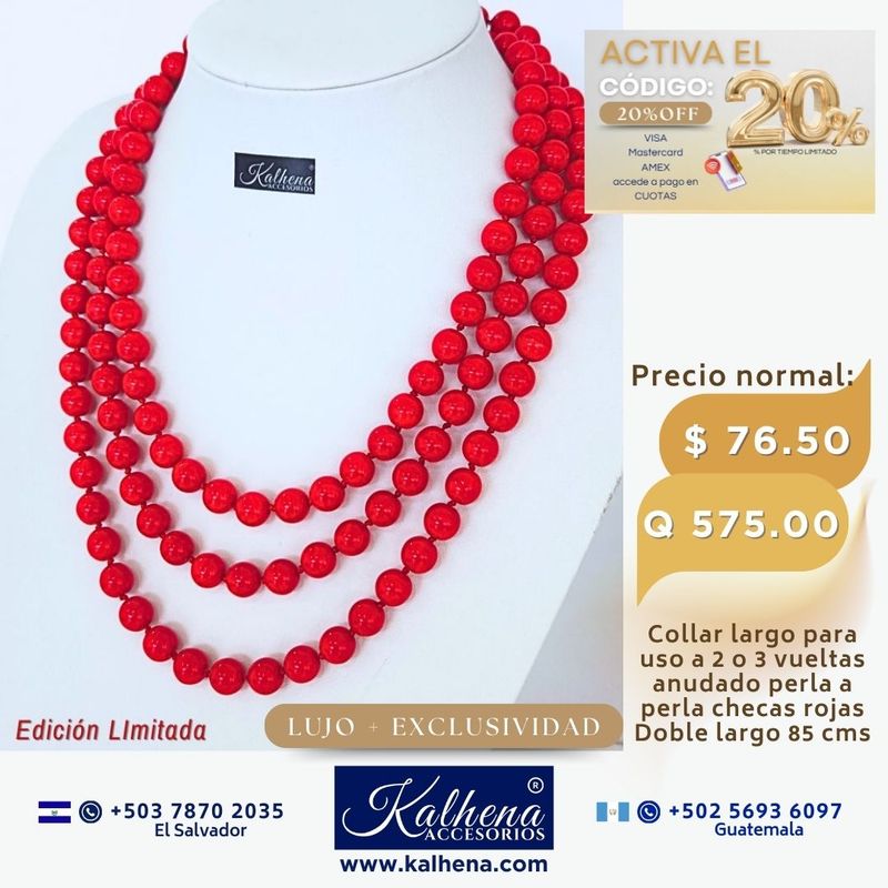Collar largo anudado perlas rojas para uso a 2 o 3 vueltas