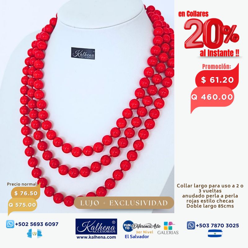 Collar largo anudado perlas rojas para uso a 2 o 3 vueltas