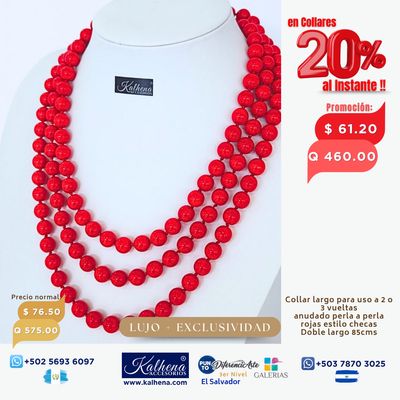 Collar largo anudado perlas rojas para uso a 2 o 3 vueltas Collar largo anudado perlas rojas para uso a 2 o 3 vueltas