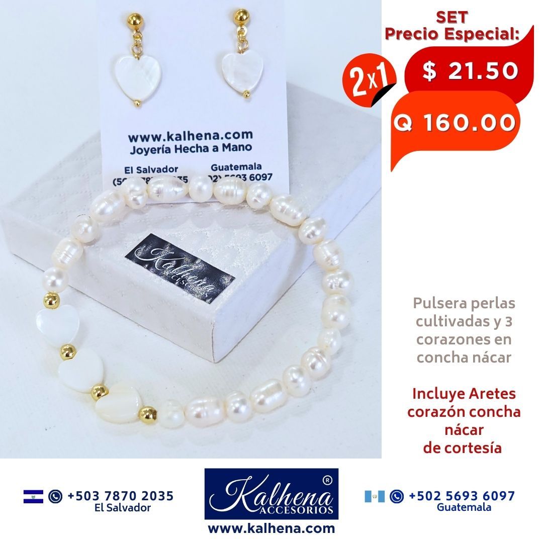 2x1 Set Pulsera 3 corazones concha nácar y perlas cultivadas