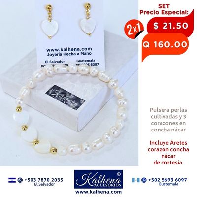 2x1 Set Pulsera 3 corazones concha nácar y perlas cultivadas