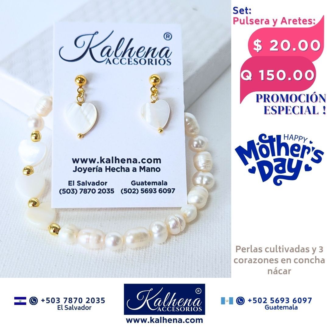 Promoción:  Pulsera y Aretes corazones concha nácar y perlas cultivadas