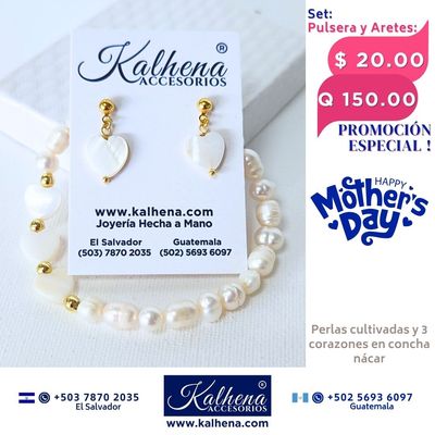 Promoción:  Pulsera y Aretes corazones concha nácar y perlas cultivadas