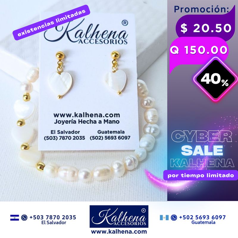 Promoción: Pulsera y Aretes corazones concha nácar y perlas cultivadas Promoción: Pulsera y Aretes corazones concha nácar y perlas cultivadas