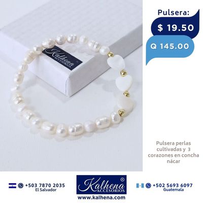 Promoción: Pulsera y Aretes corazones concha nácar y perlas cultivadas