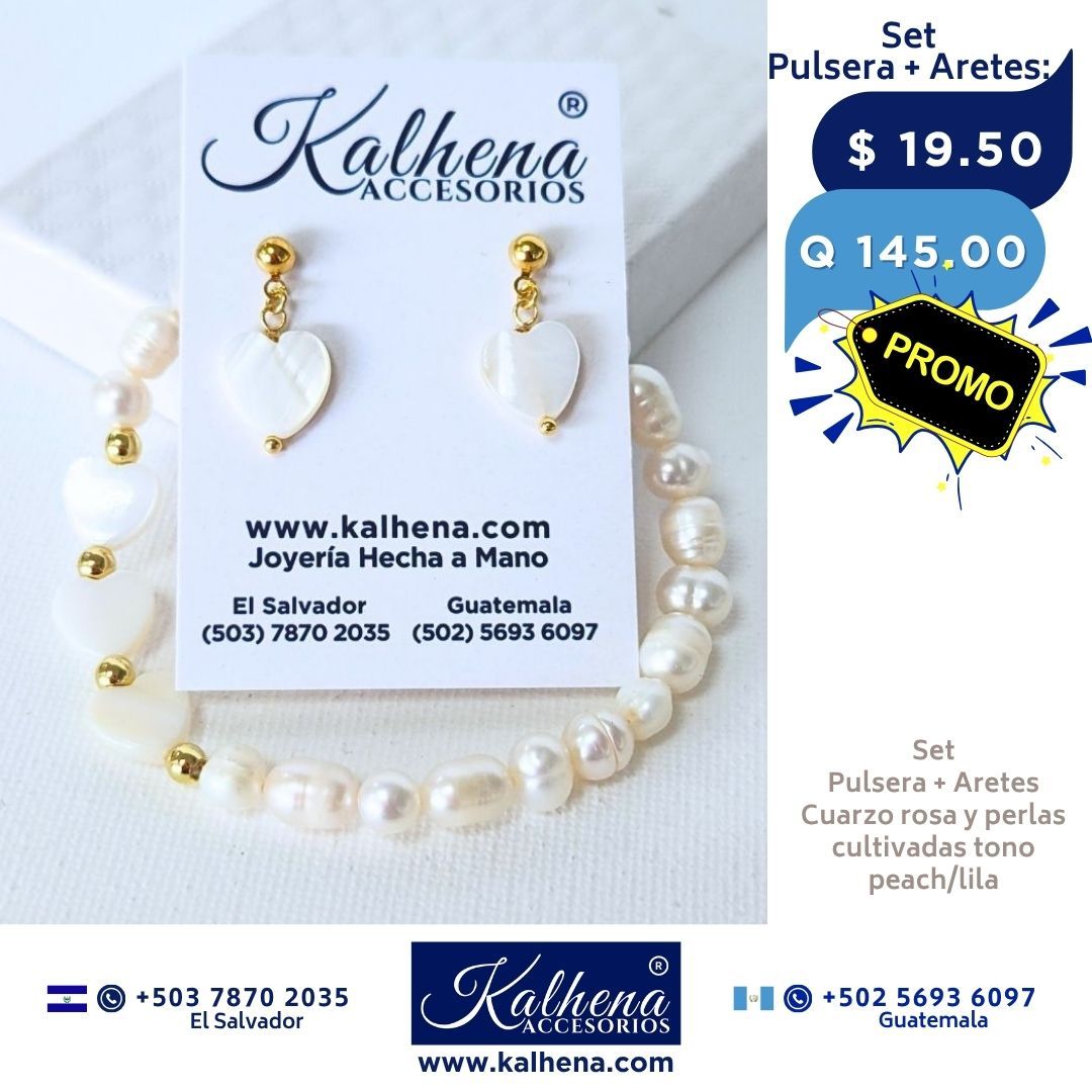 Promoción:  Pulsera y Aretes corazones concha nácar y perlas cultivadas