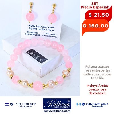 2x1 Pulsera y Aretes Cuarzos Rosa entre perlas y balines gold