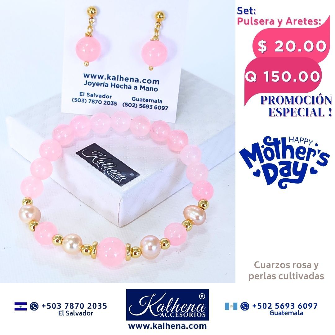 Promoción:  Pulsera y Aretes Cuarzos Rosa entre perlas y balines gold