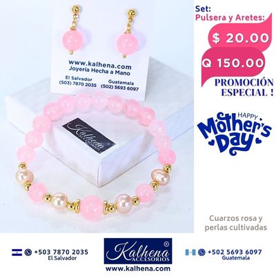 Promoción:  Pulsera y Aretes Cuarzos Rosa entre perlas y balines gold