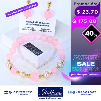 Promoción:  Pulsera y Aretes Cuarzos Rosa entre perlas y balines gold