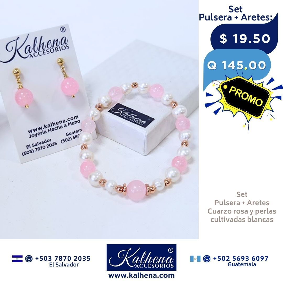 Promoción:  Pulsera y Aretes Cuarzos Rosa entre perlas y balines gold