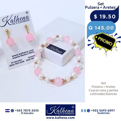 Promoción:  Pulsera y Aretes Cuarzos Rosa entre perlas y balines gold