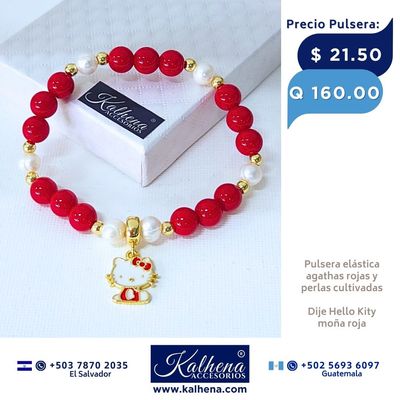 Pulsera Agathas Rojas entre perlas dije Hello Kitty