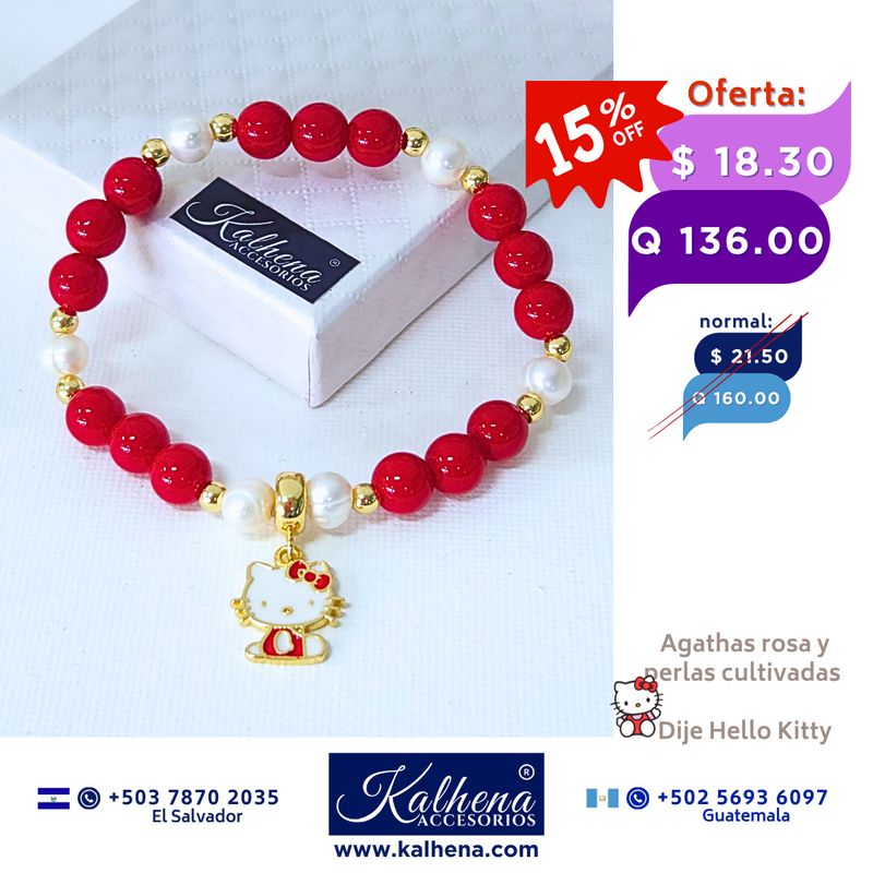 Pulsera Agathas Rojas entre perlas dije Hello Kitty