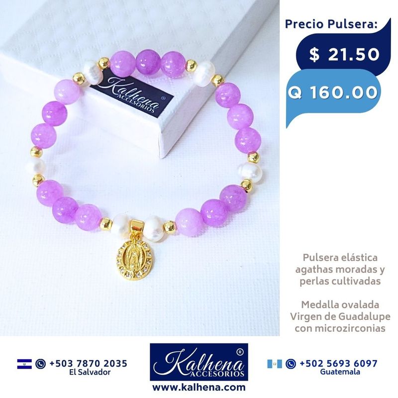 Pulsera Agathas moradas entre perlas Medalla Virgen de Guadalupe Pulsera Agathas moradas entre perlas Medalla Virgen de Guadalupe
