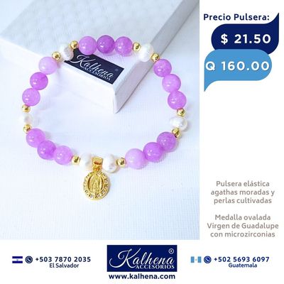 Pulsera Agathas moradas entre perlas Medalla Virgen de Guadalupe