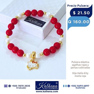 Pulsera Agathas Rojas entre perlas dije Hello Kitty