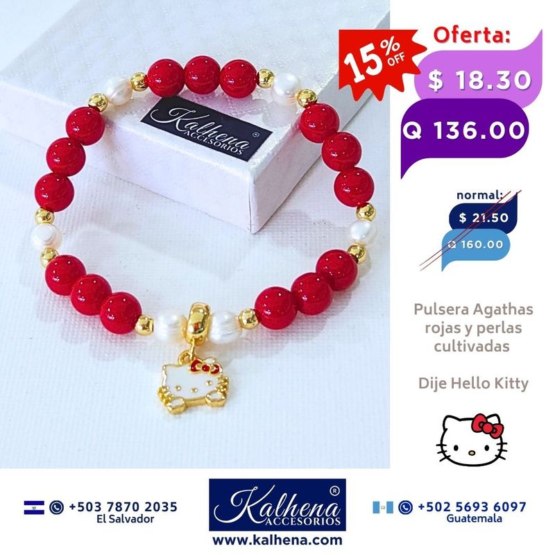 Pulsera Agathas Rojas entre perlas dije Hello Kitty