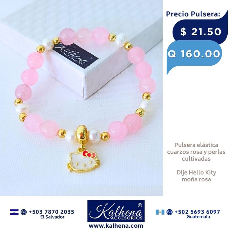 Pulsera Cuarzos Rosa entre perlas dije Hello Kitty Pulsera Cuarzos Rosa entre perlas dije Hello Kitty
