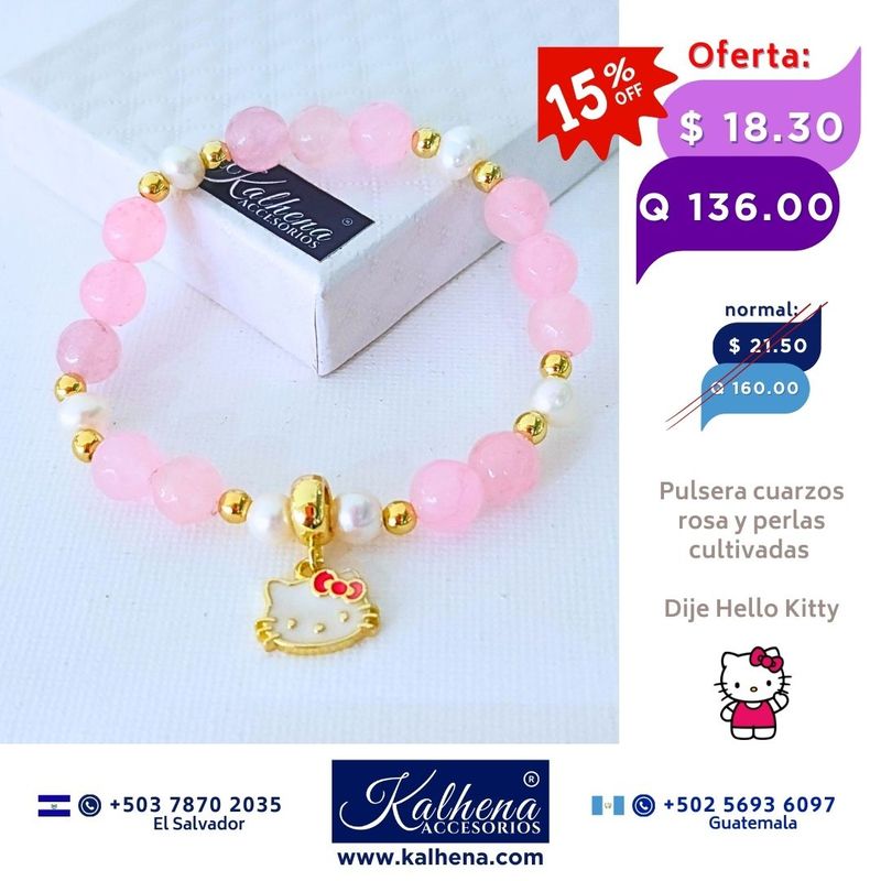 Pulsera Cuarzos Rosa entre perlas dije Hello Kitty