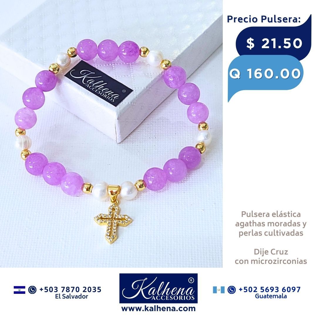 Pulsera Agathas moradas entre perlas Dije Cruz con microzirconias