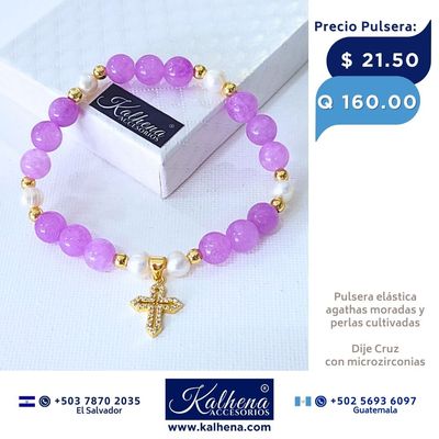 Pulsera Agathas moradas entre perlas Dije Cruz con microzirconias