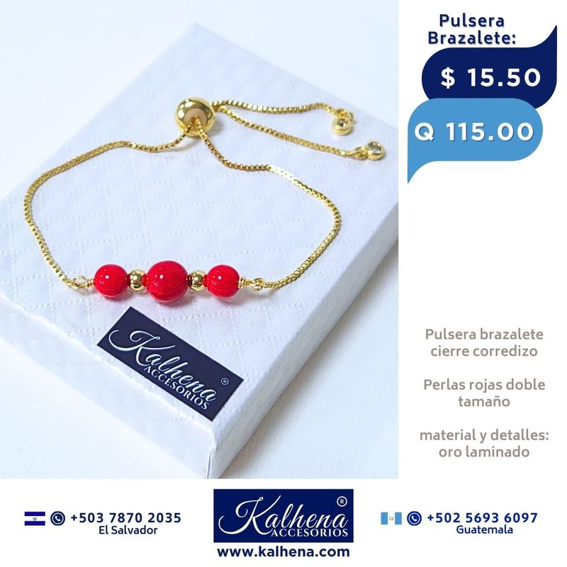 Pulsera cierre corredizo desde 3 Perlas rojas