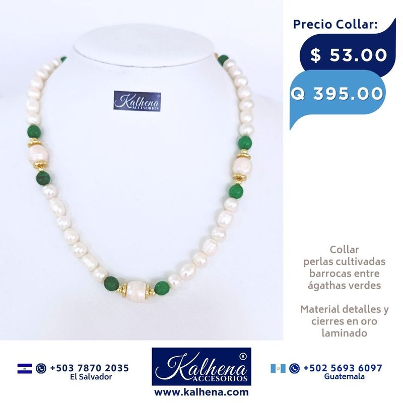Collar perlas cultivadas barrocas entre ágathas verdes