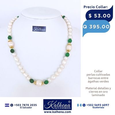 Collar perlas cultivadas barrocas entre ágathas verdes