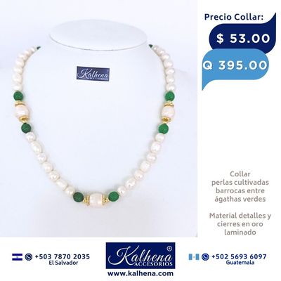 Collar perlas cultivadas barrocas entre ágathas verdes Collar perlas cultivadas barrocas entre ágathas verdes