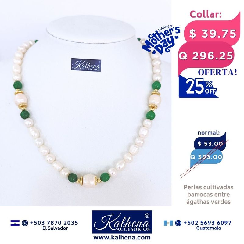 Collar perlas cultivadas barrocas entre ágathas verdes Collar perlas cultivadas barrocas entre ágathas verdes