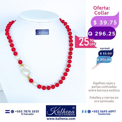 Collar ágathas rojas entre balines dorados y perlas cultivadas con barroca exótica