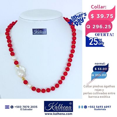 Collar ágathas rojas entre balines dorados y perlas cultivadas con barroca exótica