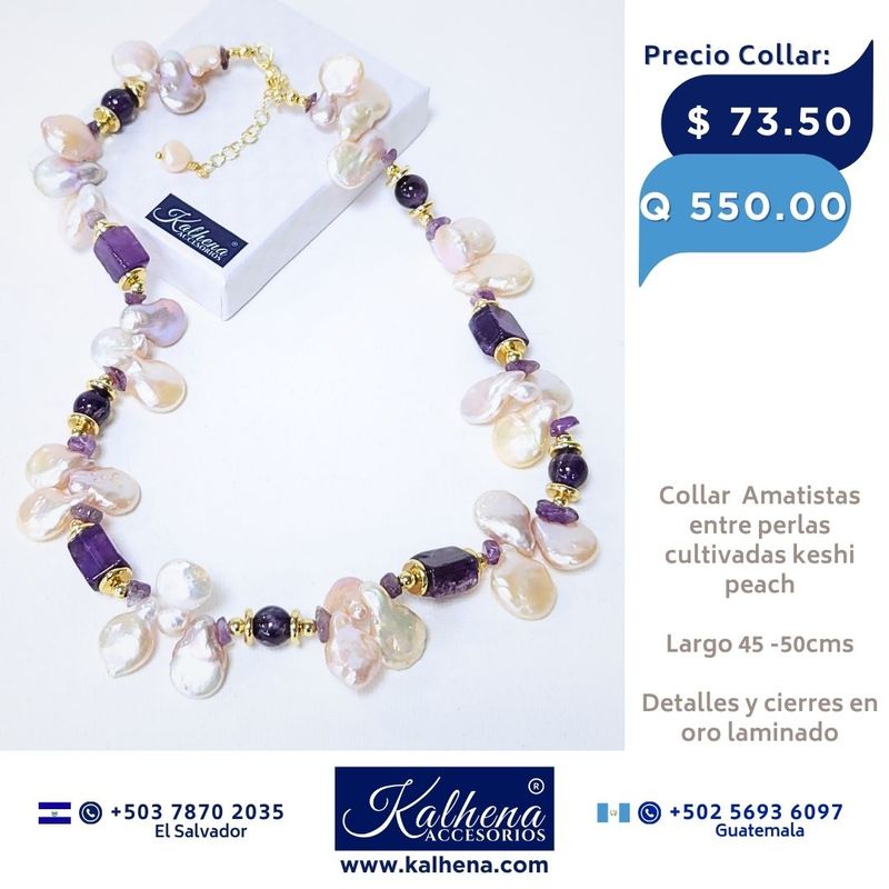 Collar Amatistas y perlas cultivadas keshi tono peach