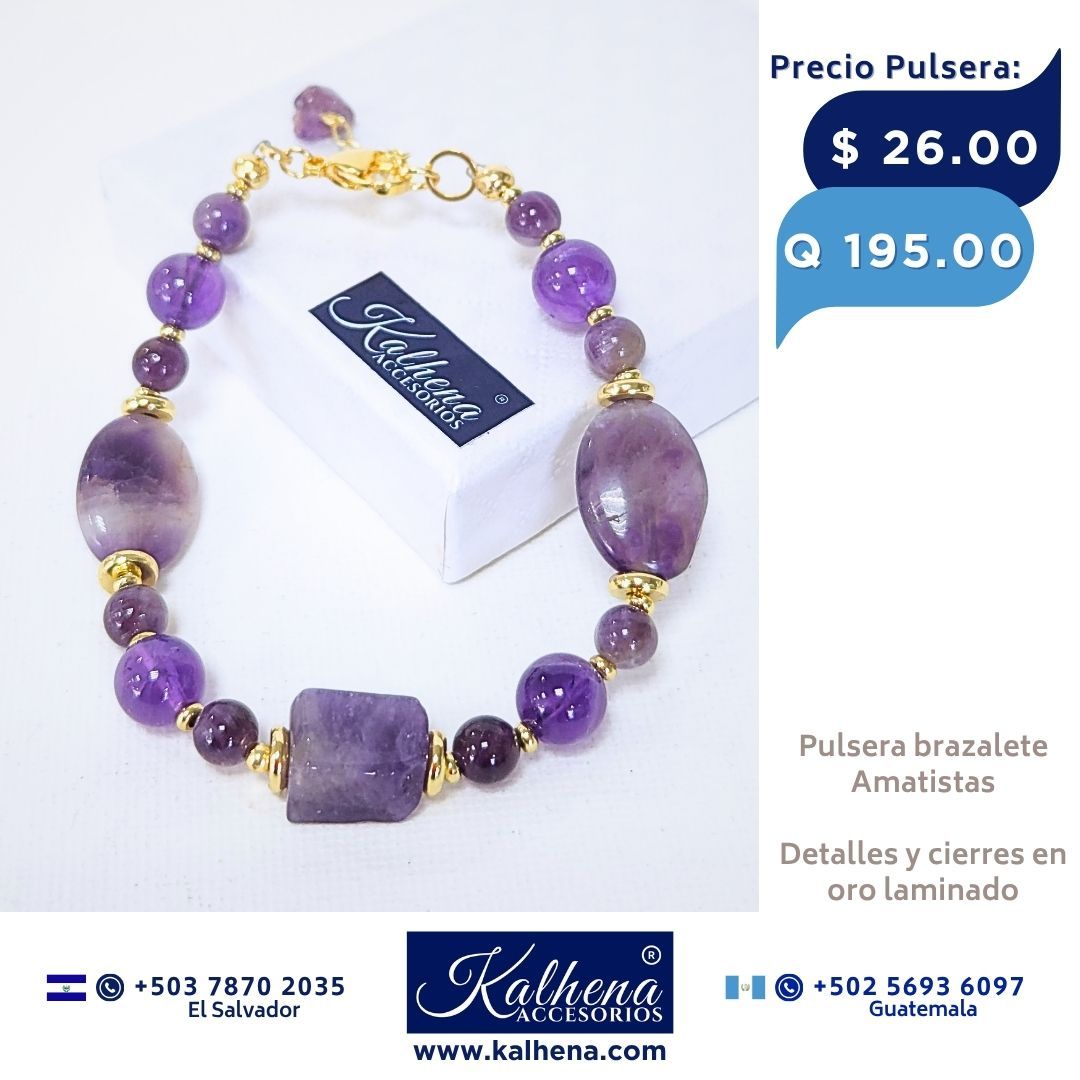 Pulsera Amatistas (brazalete) entre detalles oro laminado