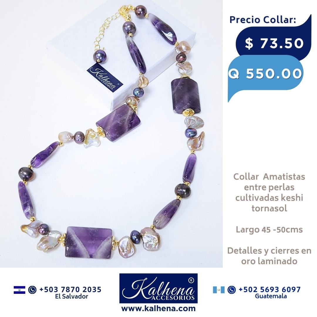 Collar Amatistas y perlas cultivadas moradas y keshi tornasol