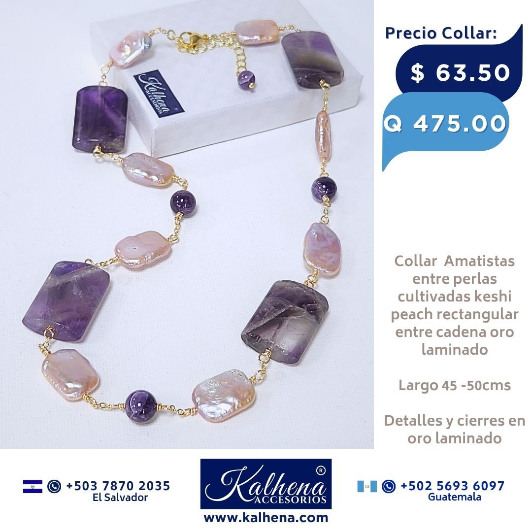 Collar Amatistas y perlas cultivadas keshi rectangular tono peach
