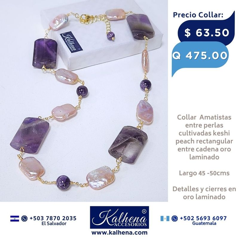 Collar Amatistas y perlas cultivadas keshi rectangular tono peach