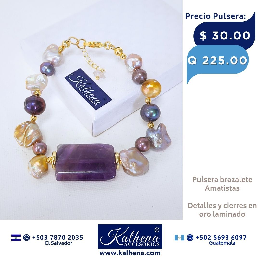 Pulsera Amatistas (brazalete) y perlas moradas entre keshi tornasol