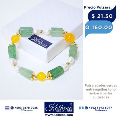 Pulsera piedra Jade verde entre detalles dorados Pulsera piedra Jade verde entre detalles dorados