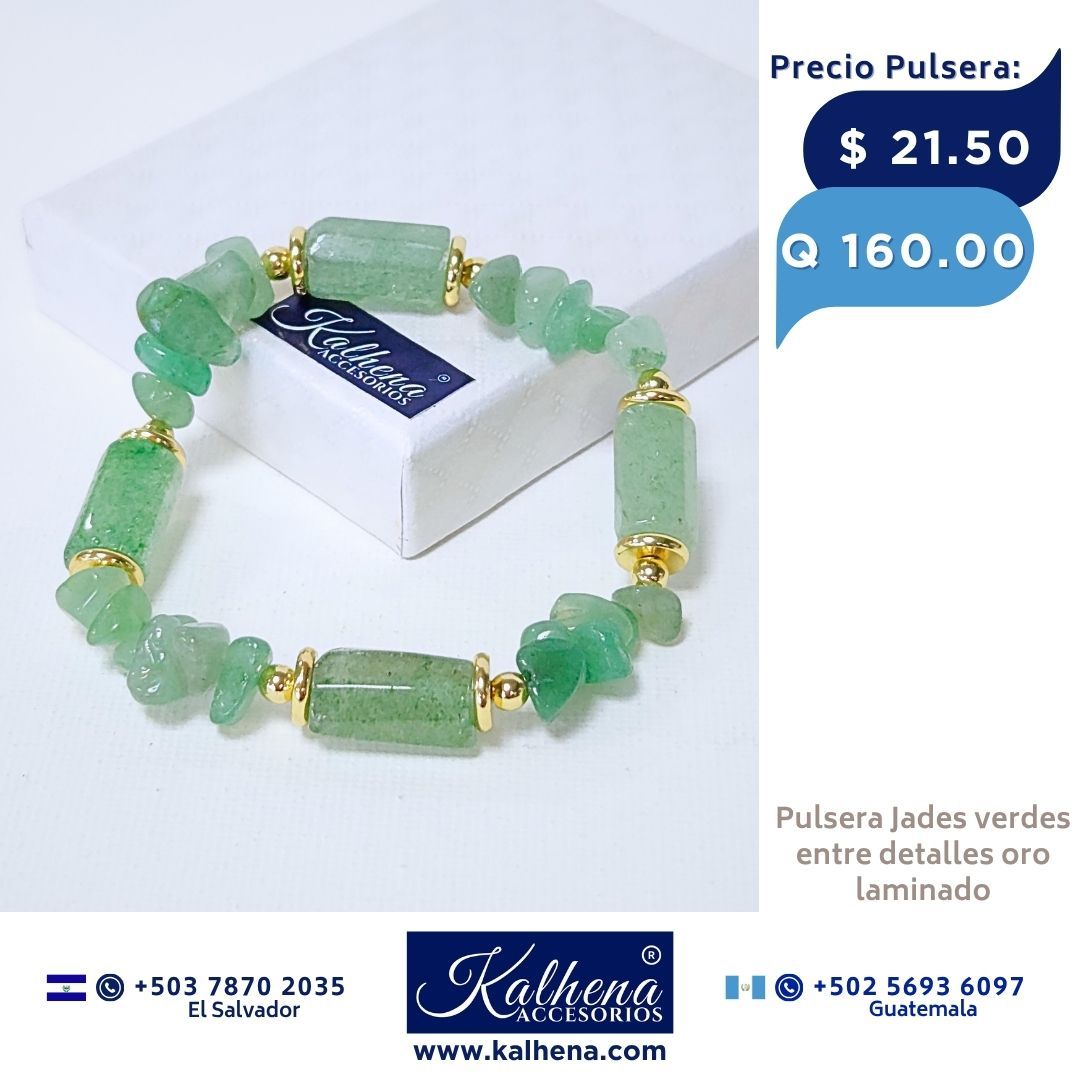 Pulsera piedra Jade verde entre detalles dorados