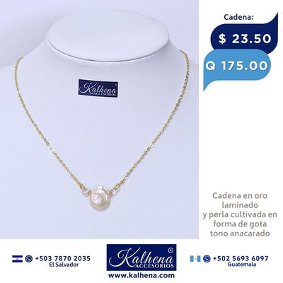 Cadena oro laminado y perla cultivada en forma de gota
