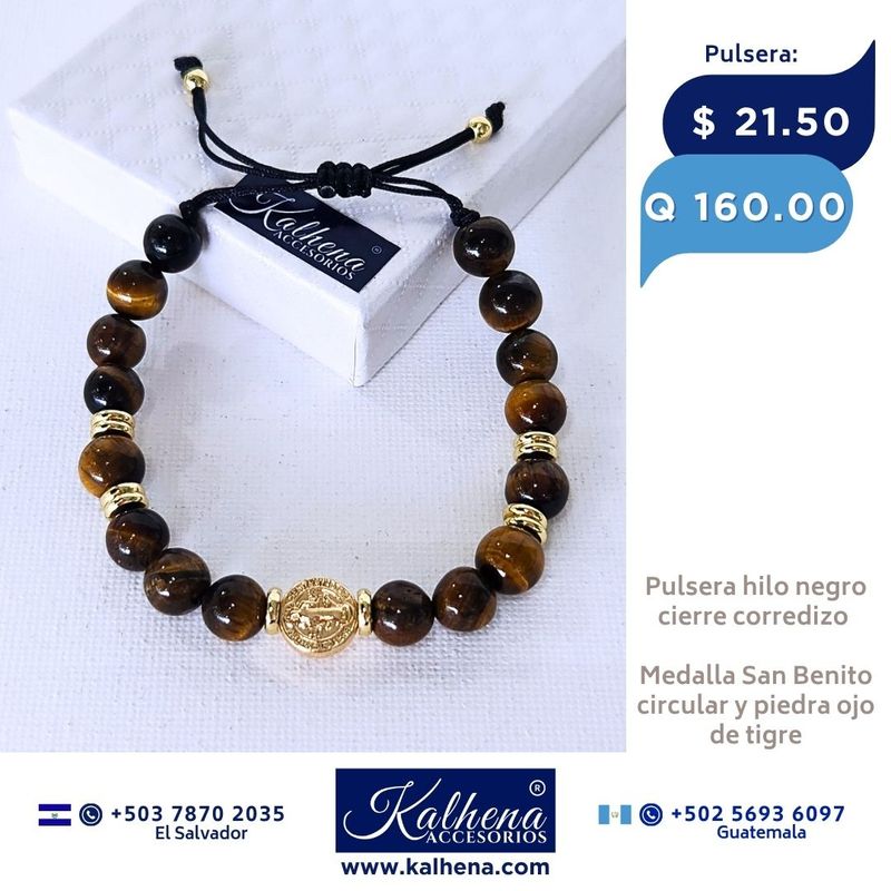 Pulsera Brazalete ojo de tigre y Medalla San Benito