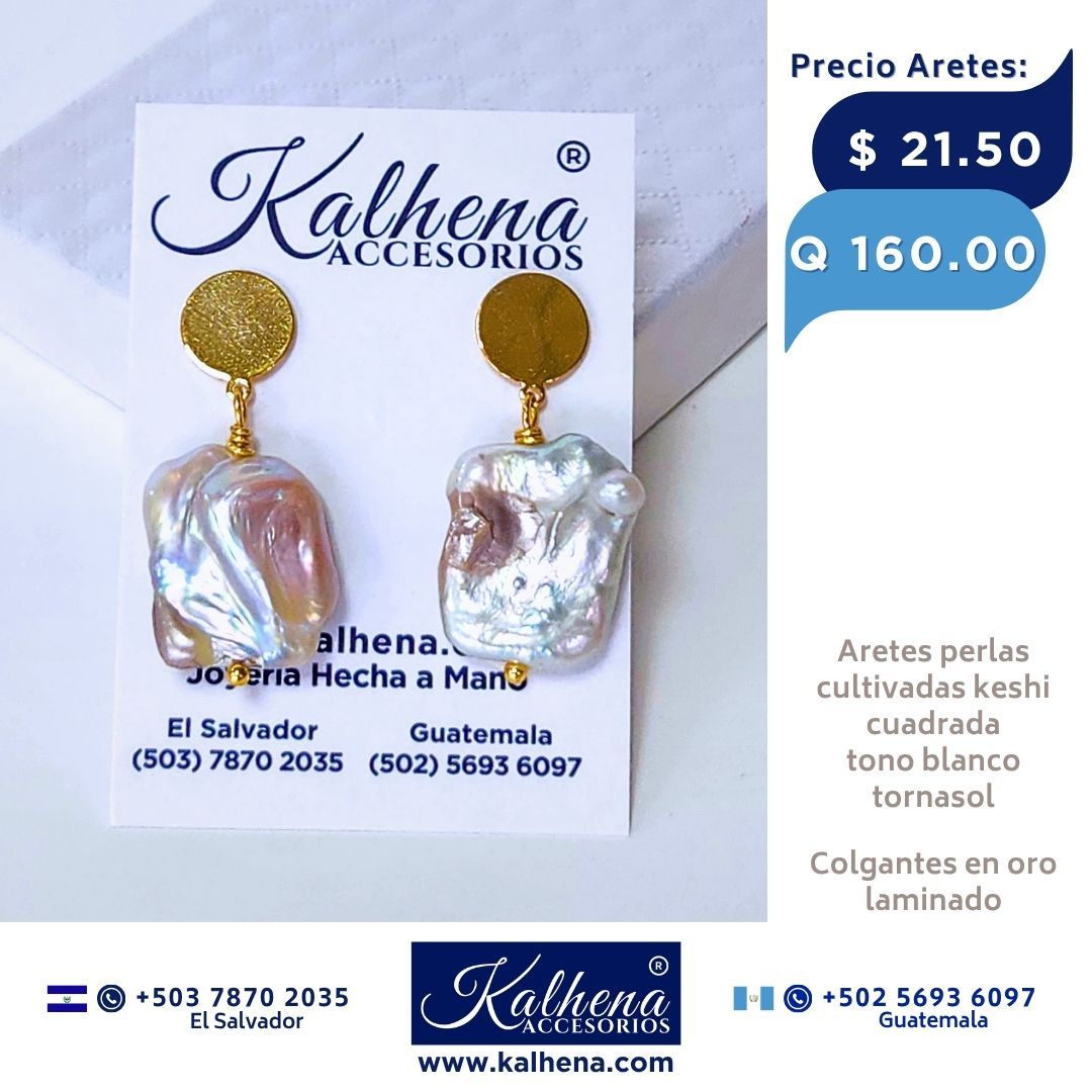 Aretes perlas cultivadas keshi cuadrada tono blanco tornasol
