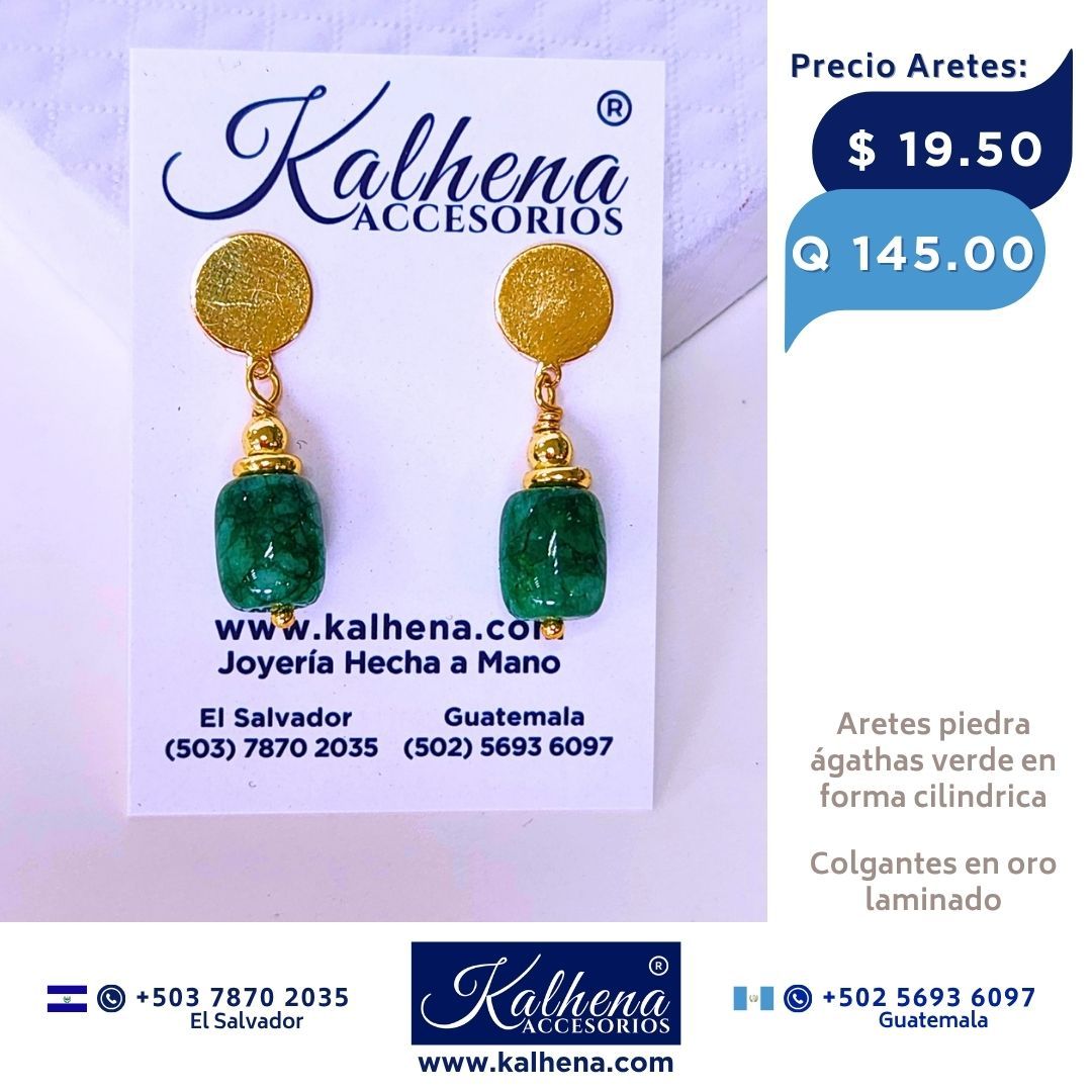 Aretes ágathas verdes en forma cilindrica en oro laminado